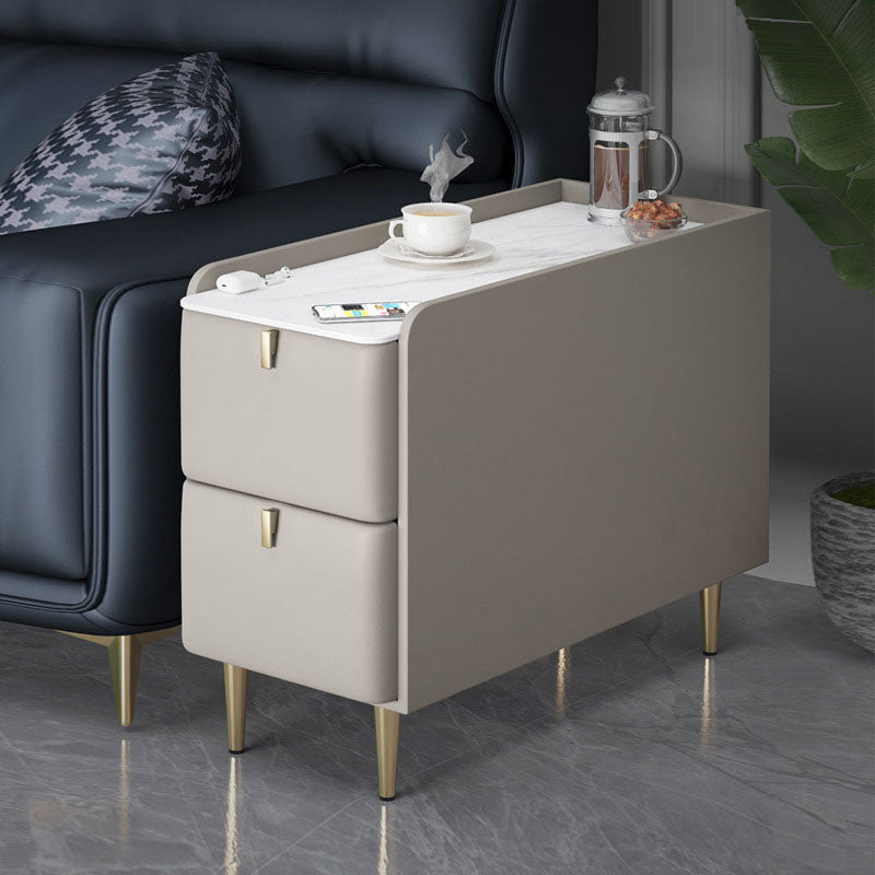 Modern Rectangle Slate Top Side Table 23.6" Tall Metal 4 Legs End Table with 2 Drawers