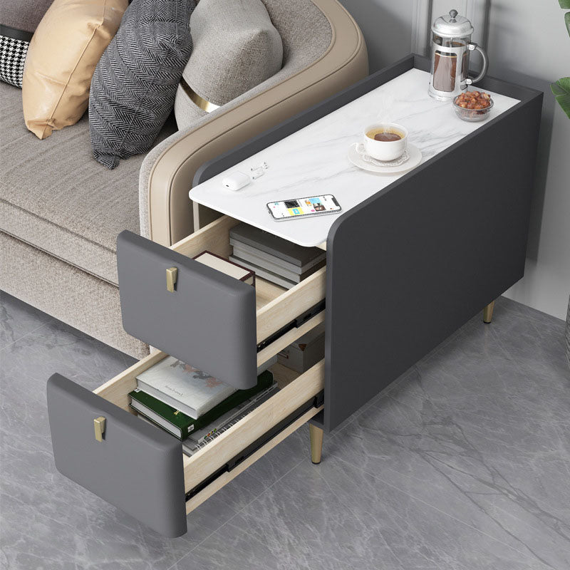 Modern Rectangle Slate Top Side Table 23.6" Tall Metal 4 Legs End Table with 2 Drawers