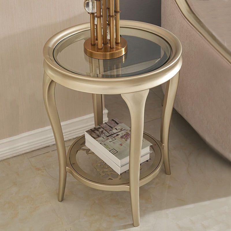25.6" Tall Round Glass Top Side Table Wood 4 Legs End Table with Shelf
