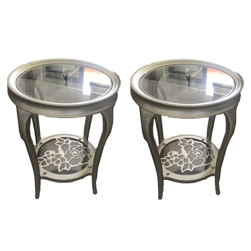 25.6" Tall Round Glass Top Side Table Wood 4 Legs End Table with Shelf