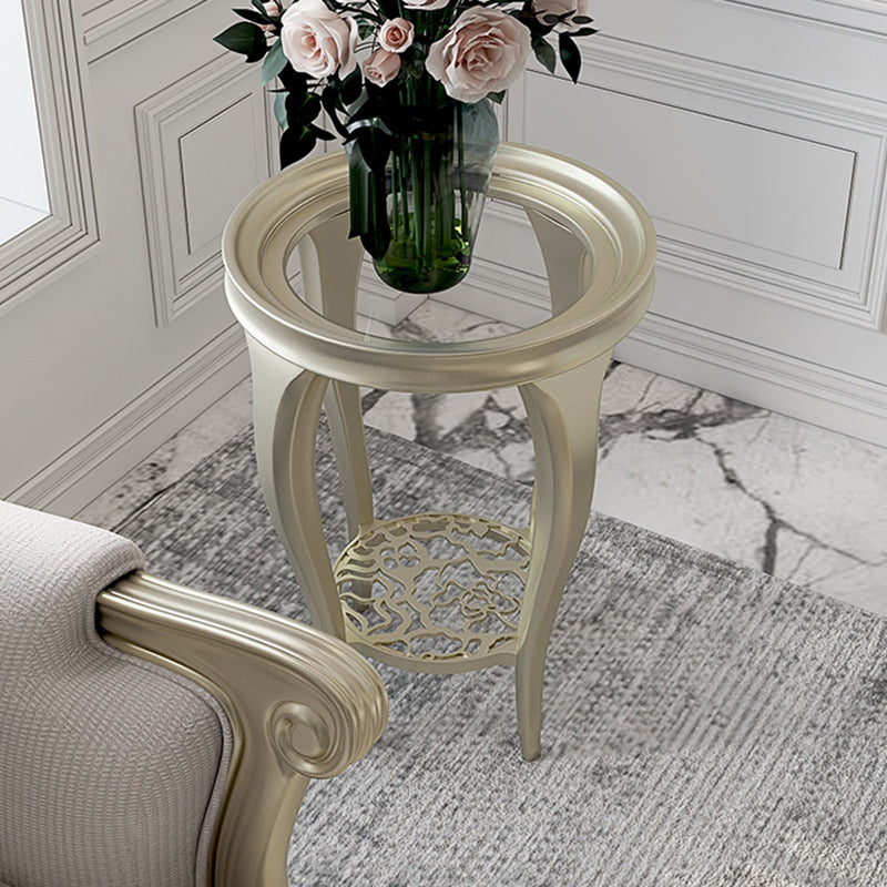 25.6" Tall Round Glass Top Side Table Wood 4 Legs End Table with Shelf