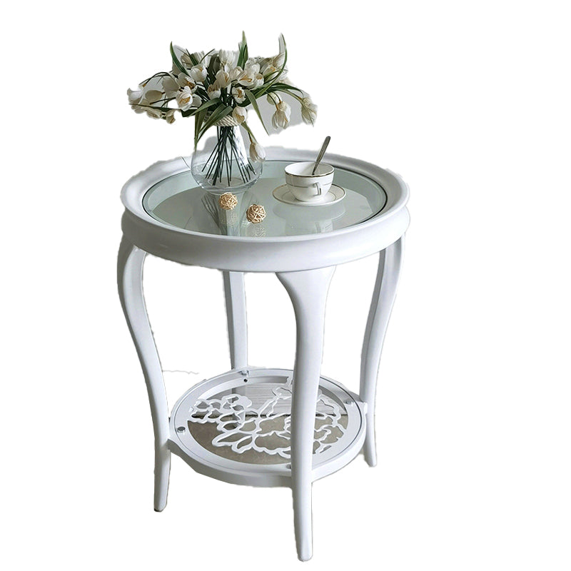 25.6" Tall Round Glass Top Side Table Wood 4 Legs End Table with Shelf
