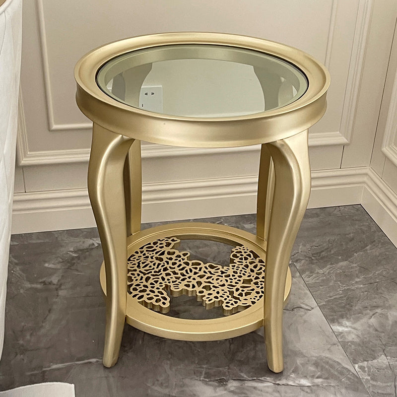 25.6" Tall Round Glass Top Side Table Wood 4 Legs End Table with Shelf
