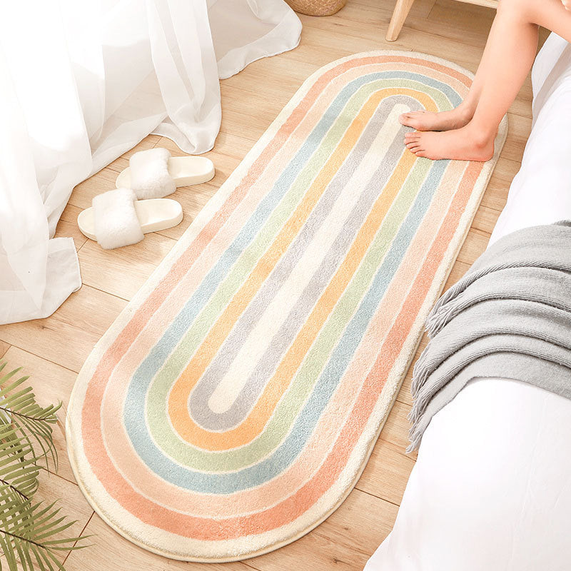 Simplicity Striped Pattern Rug Oval Polyester Carpet Pet Friendly Area Rug for Bedroom
