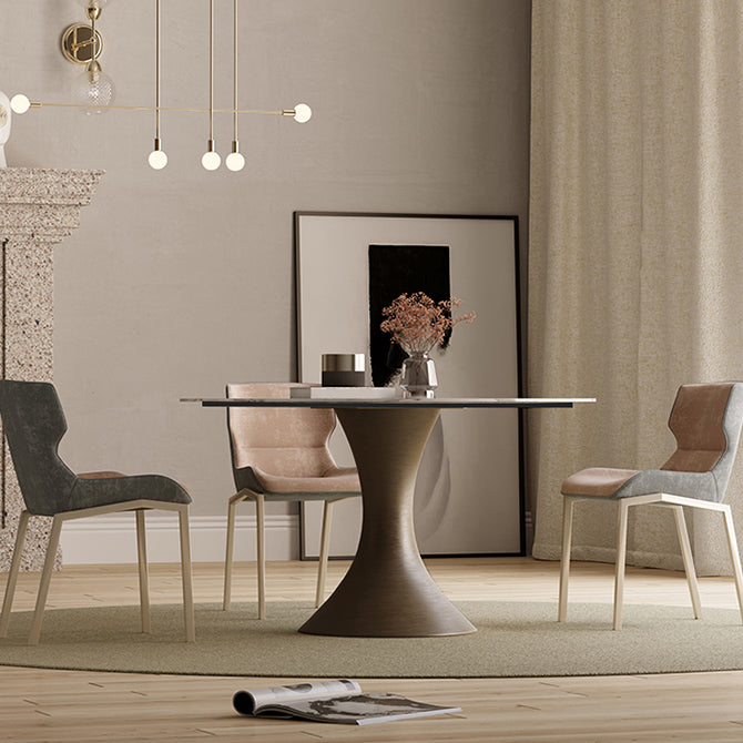 Sintered Stone Top Dining Table without Turntable Luxury Round Table with Metal Pedestal