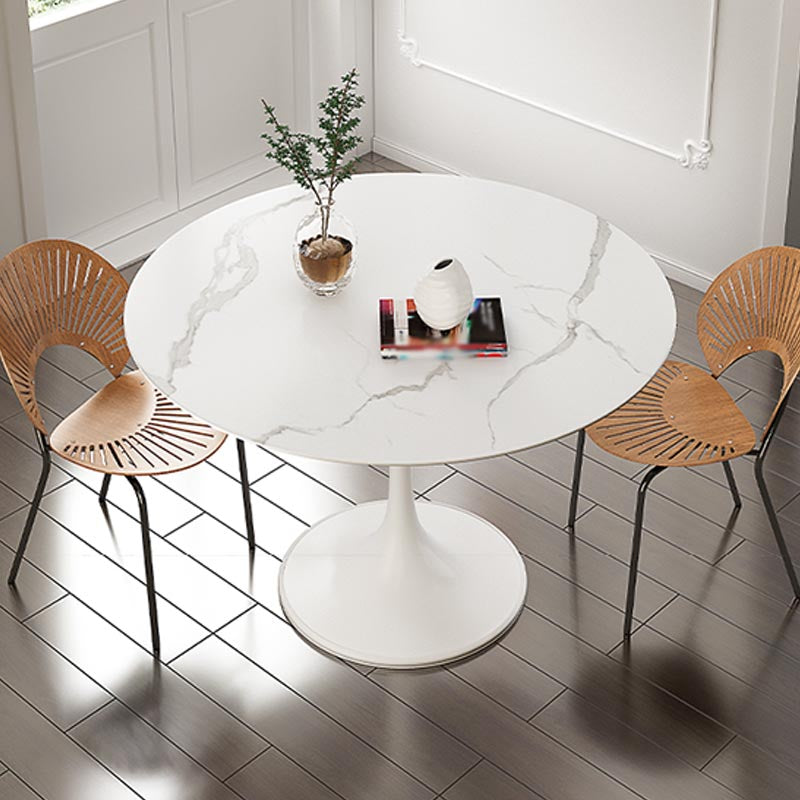 White Modern Round Dining Table Sintered Stone Top Tulip Base Table