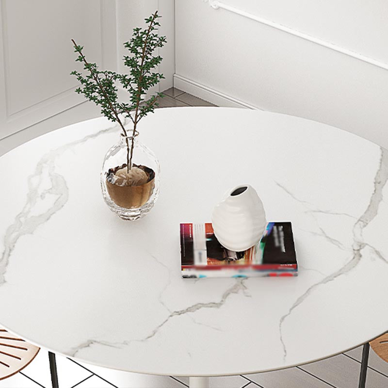 White Modern Round Dining Table Sintered Stone Top Tulip Base Table