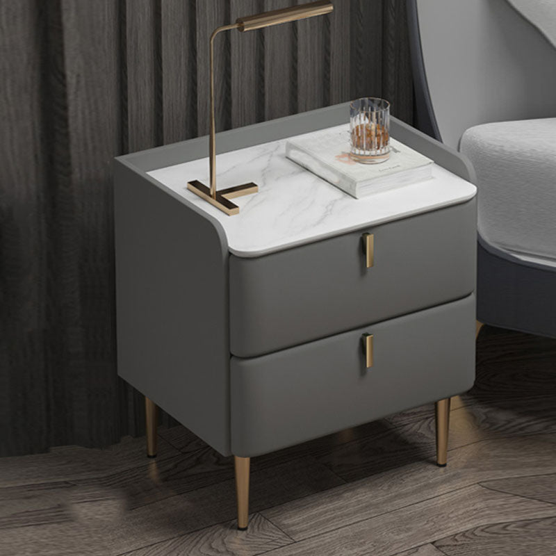Contemporary Solid Wood Nightstand Stone Top Night Table with Drawers