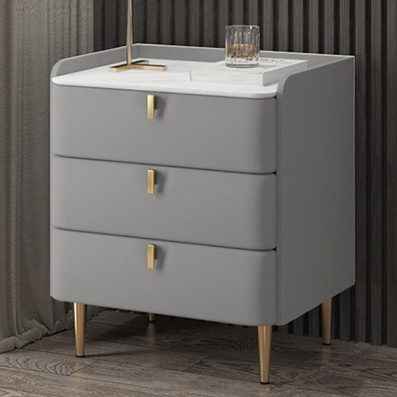 Contemporary Solid Wood Nightstand Stone Top Night Table with Drawers