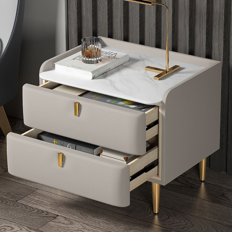 Contemporary Solid Wood Nightstand Stone Top Night Table with Drawers