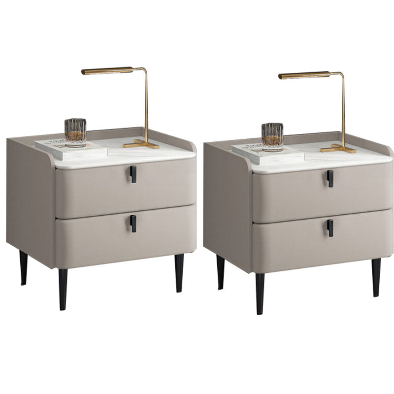 Contemporary Solid Wood Nightstand Stone Top Night Table with Drawers