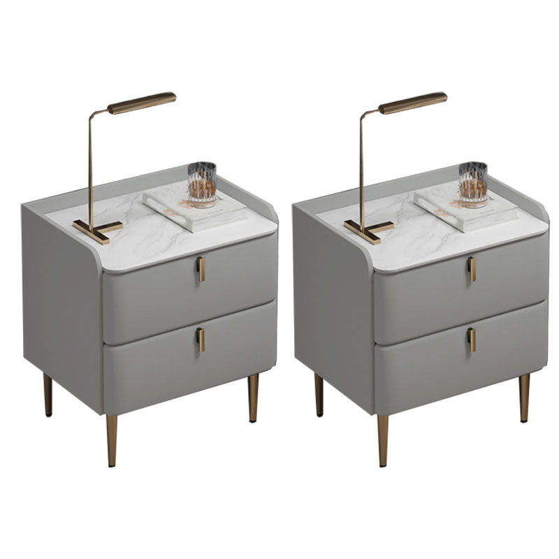 Contemporary Solid Wood Nightstand Stone Top Night Table with Drawers