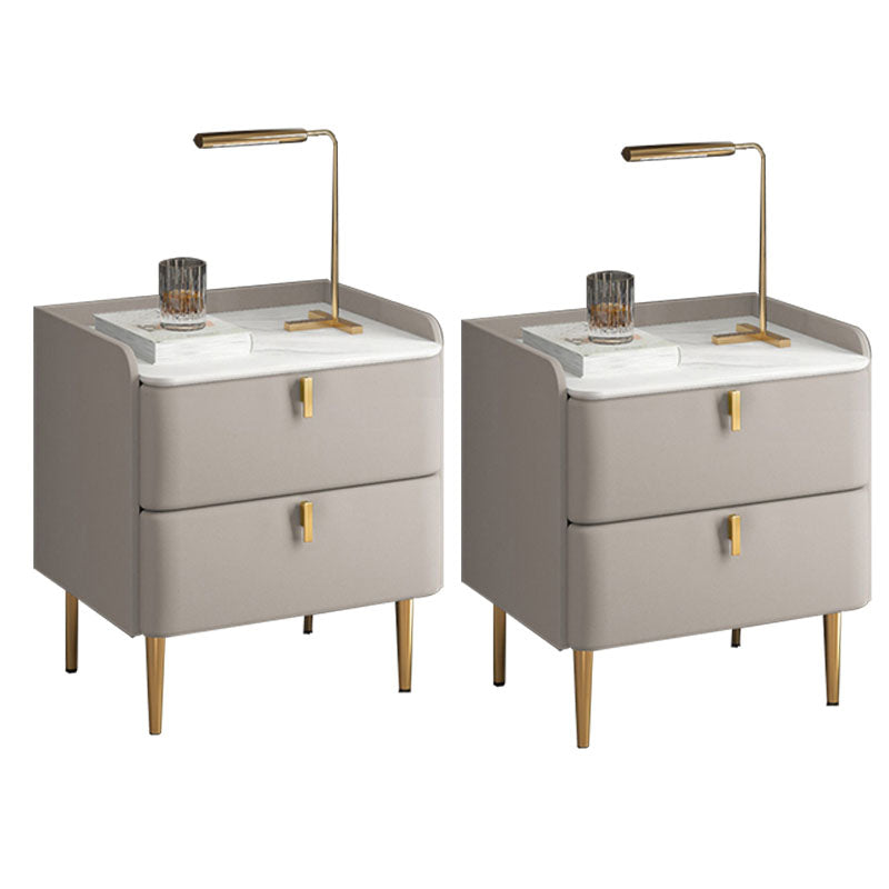 Contemporary Solid Wood Nightstand Stone Top Night Table with Drawers