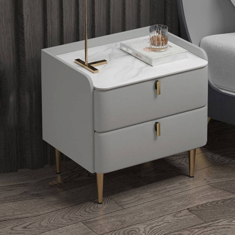 Contemporary Solid Wood Nightstand Stone Top Night Table with Drawers