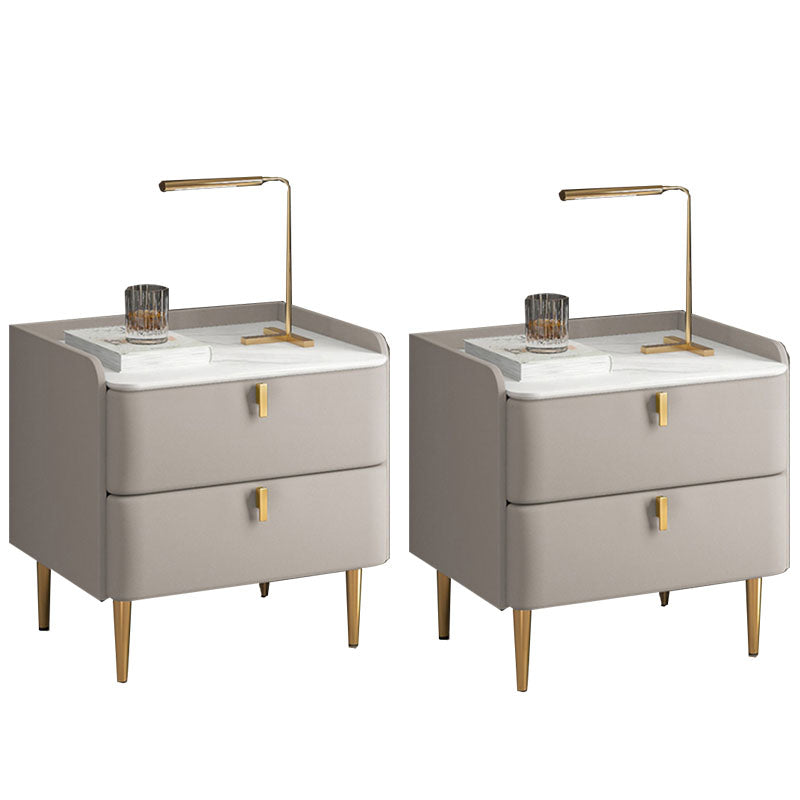 Contemporary Solid Wood Nightstand Stone Top Night Table with Drawers