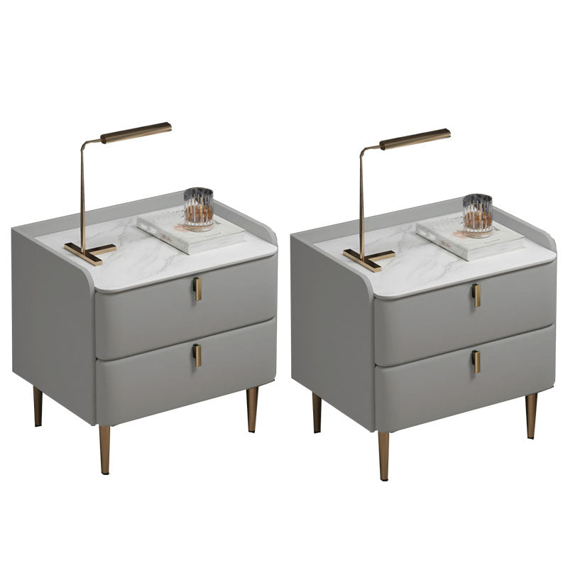 Contemporary Solid Wood Nightstand Stone Top Night Table with Drawers