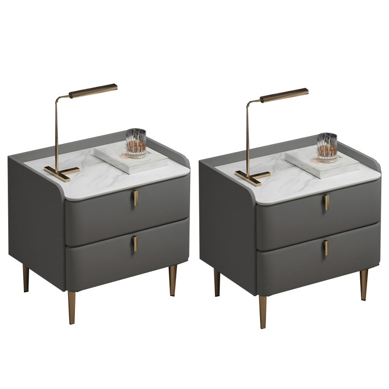 Contemporary Solid Wood Nightstand Stone Top Night Table with Drawers