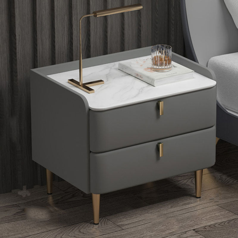 Contemporary Solid Wood Nightstand Stone Top Night Table with Drawers