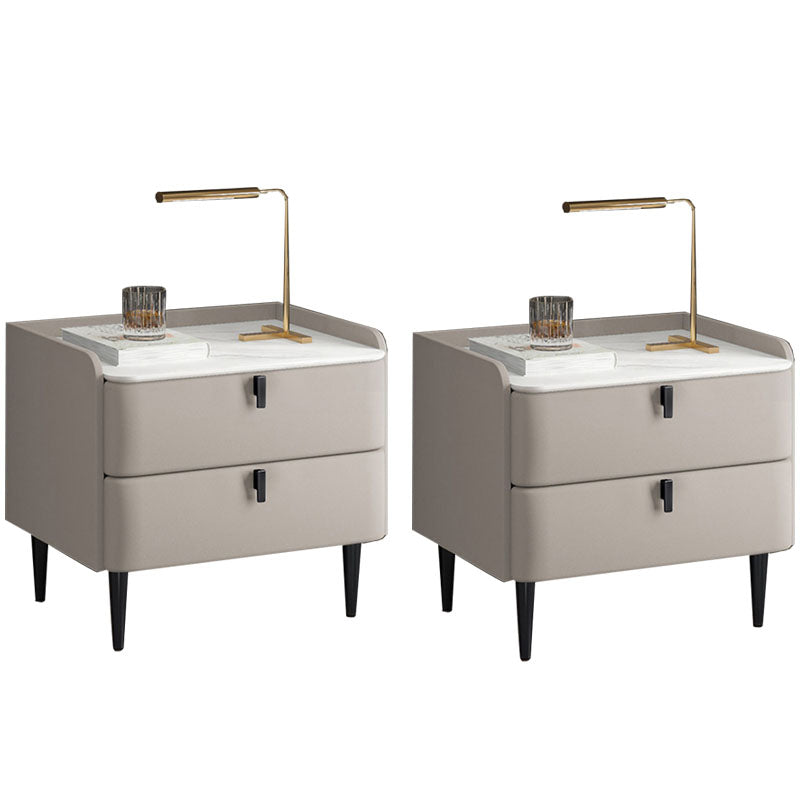 Contemporary Solid Wood Nightstand Stone Top Night Table with Drawers