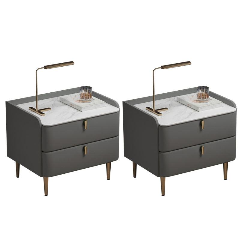 Contemporary Solid Wood Nightstand Stone Top Night Table with Drawers