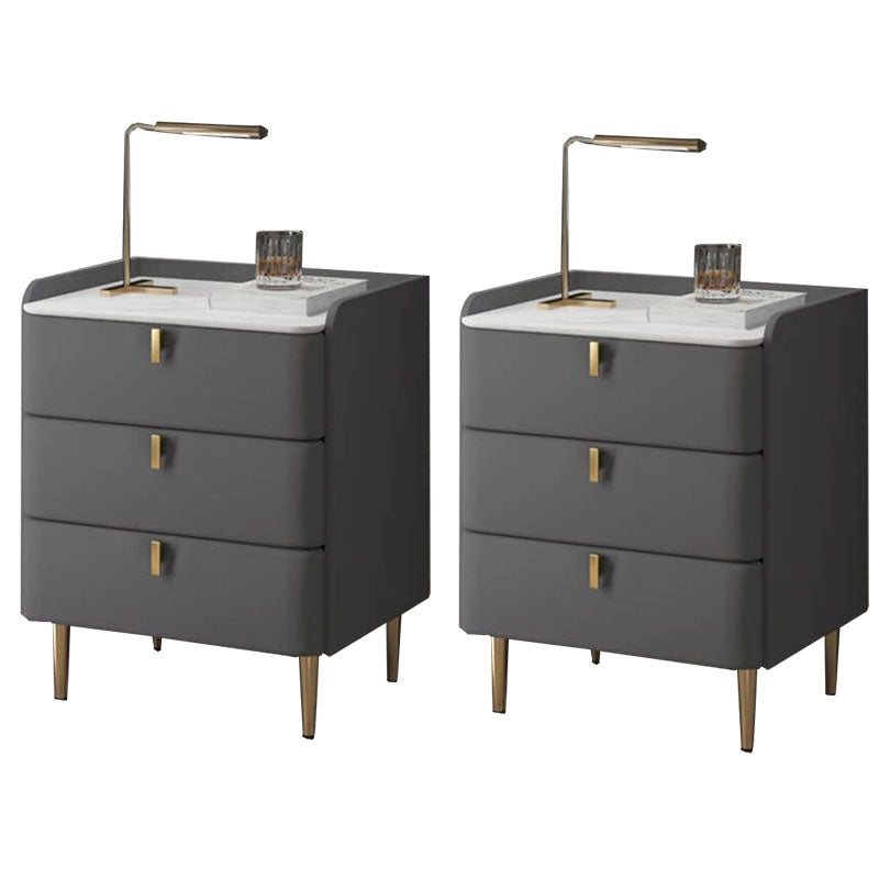 Contemporary Solid Wood Nightstand Stone Top Night Table with Drawers