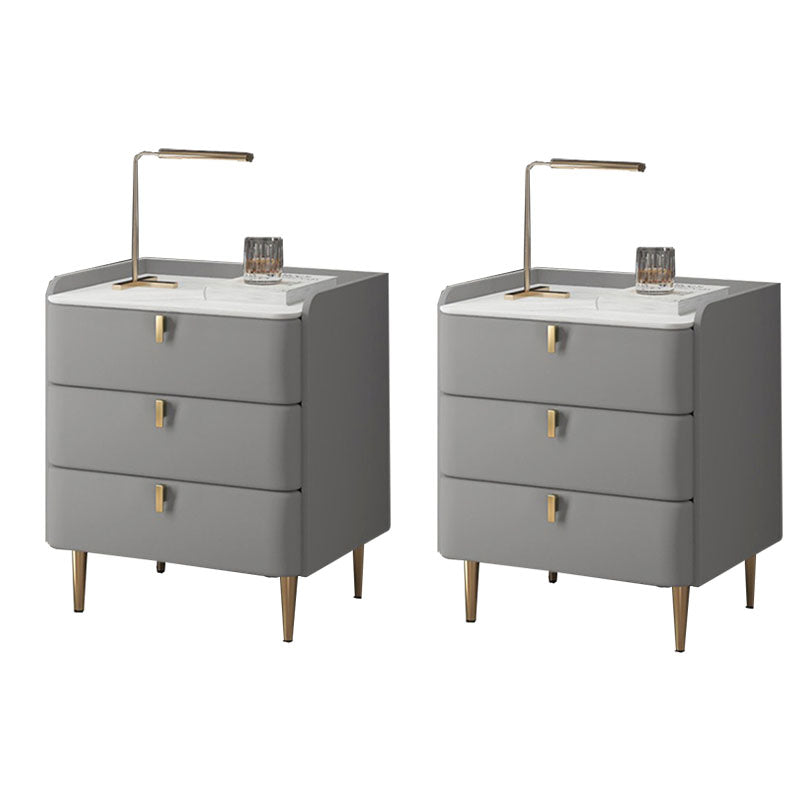 Contemporary Solid Wood Nightstand Stone Top Night Table with Drawers