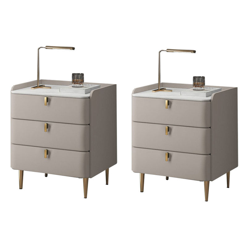 Contemporary Solid Wood Nightstand Stone Top Night Table with Drawers