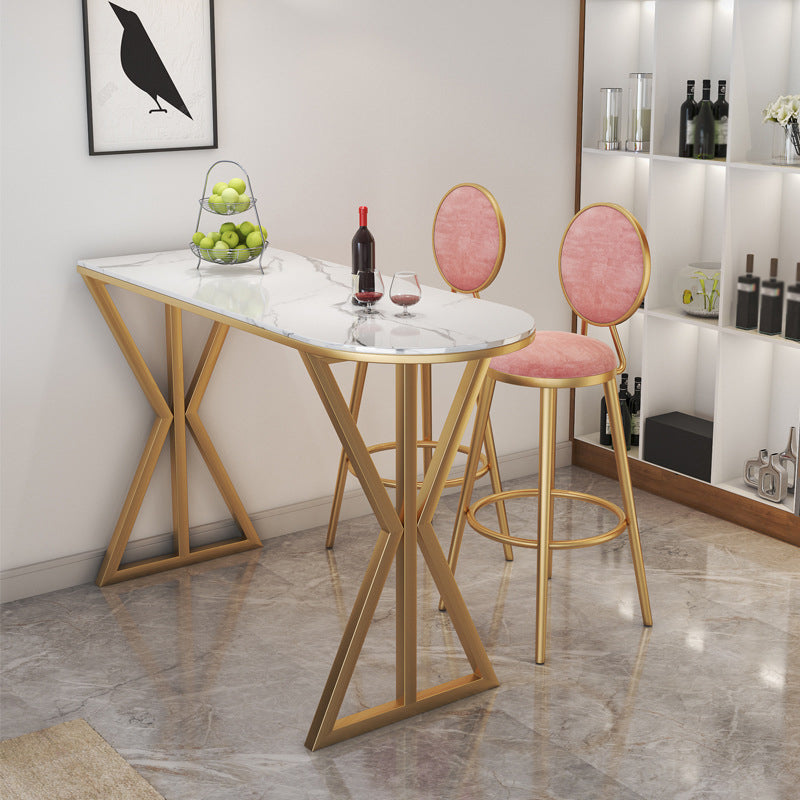 Glam Bistro Table with Gold Metal Base Glossy White Stone Top Bar Table