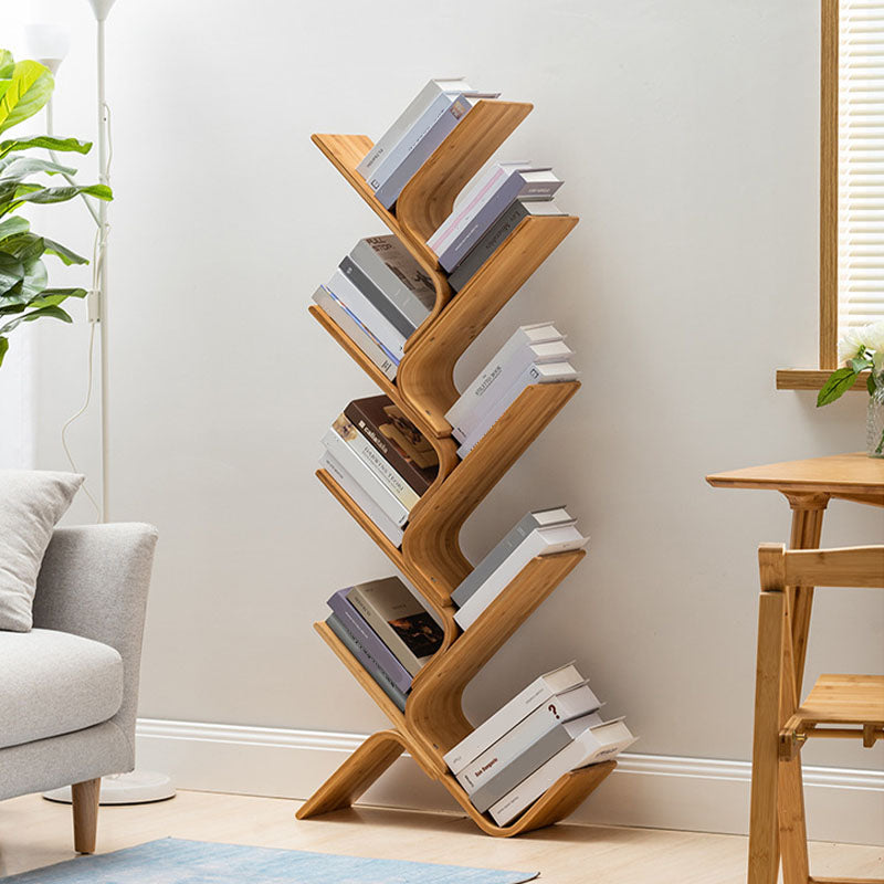 Modern Bamboo Bookshelf Geometric Vertical Open Shelf Bookcase