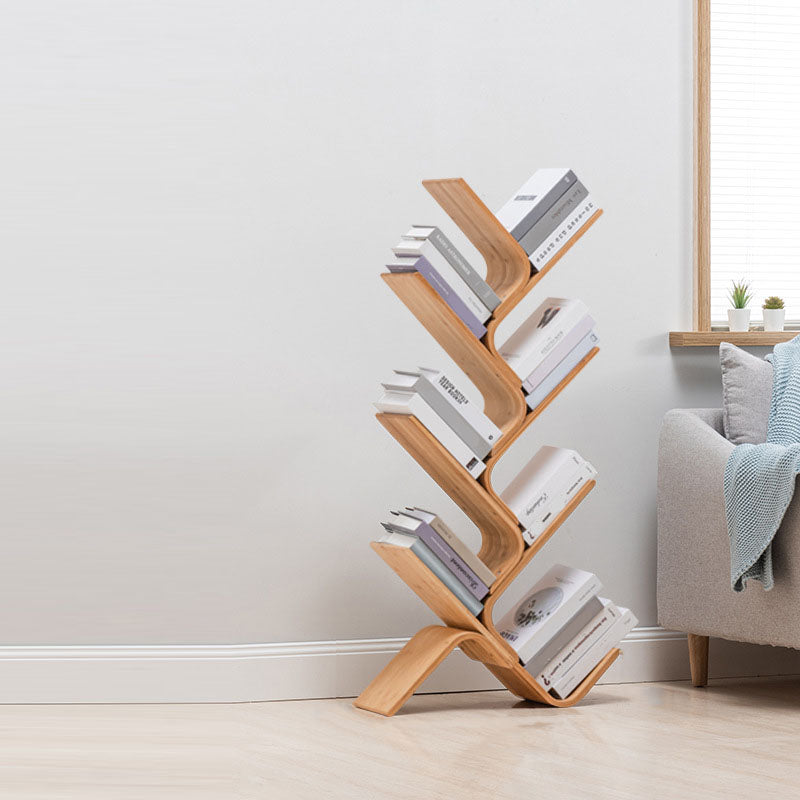 Modern Bamboo Bookshelf Geometric Vertical Open Shelf Bookcase