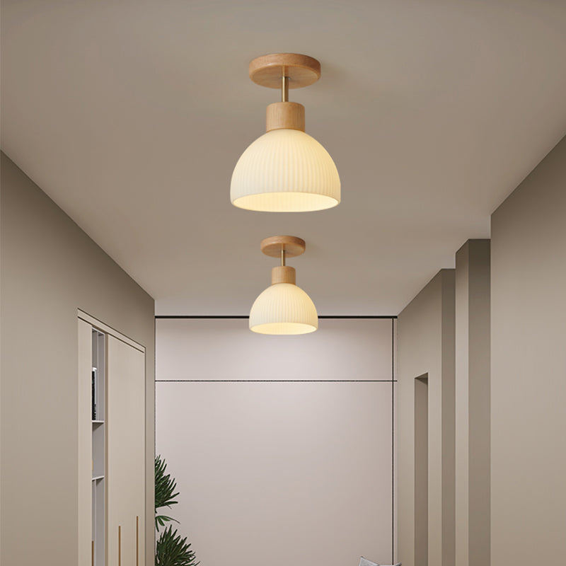Dome Shape Ceiling Lamp Modern Wood 1 Light Flush Mount with Glass Lampshade for Aisle