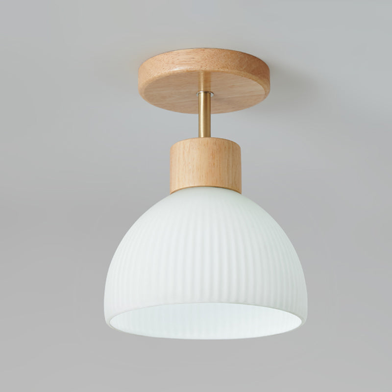 Dome Shape Ceiling Lamp Modern Wood 1 Light Flush Mount with Glass Lampshade for Aisle