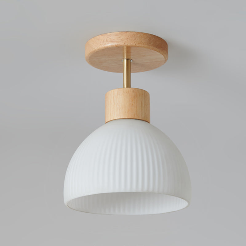 Dome Shape Ceiling Lamp Modern Wood 1 Light Flush Mount with Glass Lampshade for Aisle