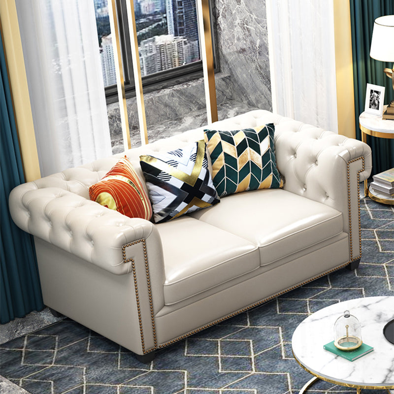 Tufted Rolled Arm Chesterfield Sofa Faux Leather Beige Cushions Sofa
