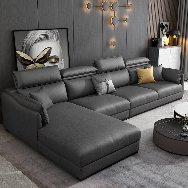 Modern Faux Leather Sofa & Chaise 68.90" D Square Arm Sofa in Dark Grey