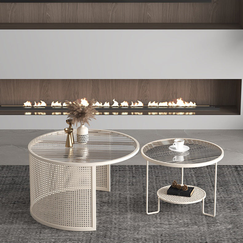 Contemporary Nesting Coffee Table Set with Round Glass Top and Iron Base