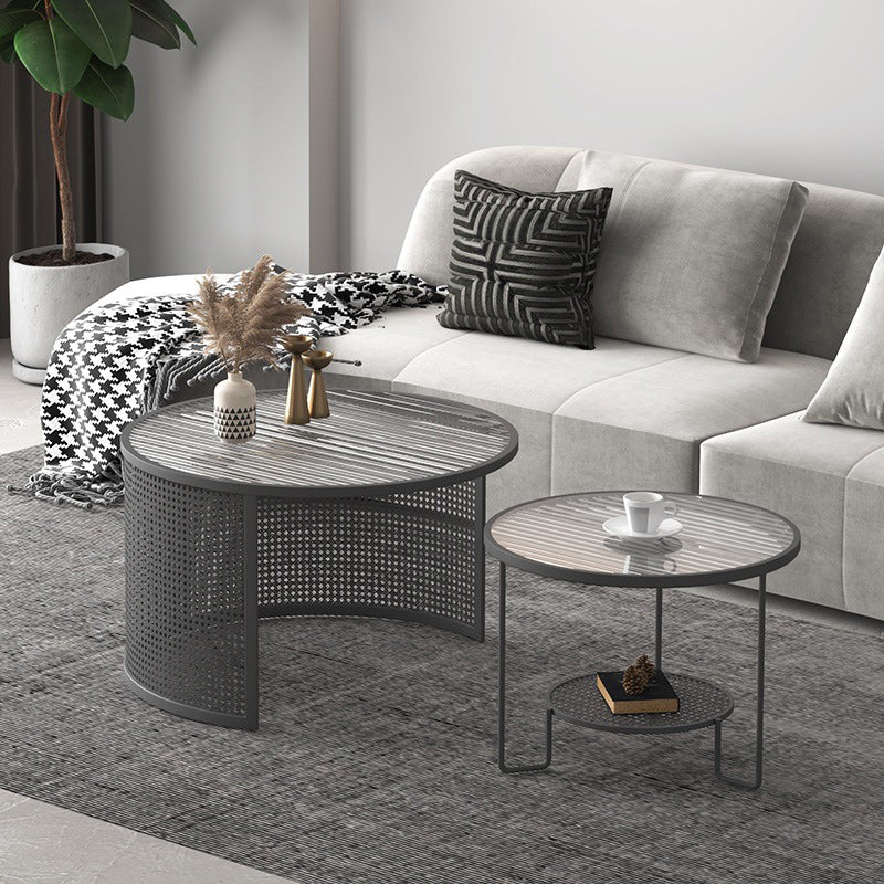 Contemporary Nesting Coffee Table Set with Round Glass Top and Iron Base