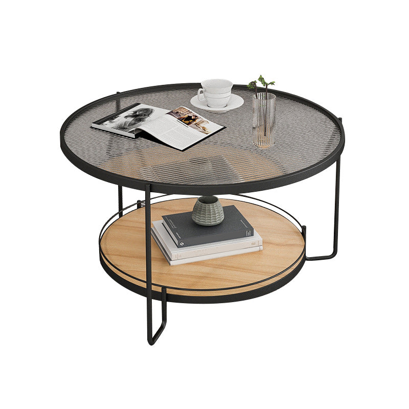 Modern Round Glass Top Cocktail Table with Wooden Shelf and Iron Base