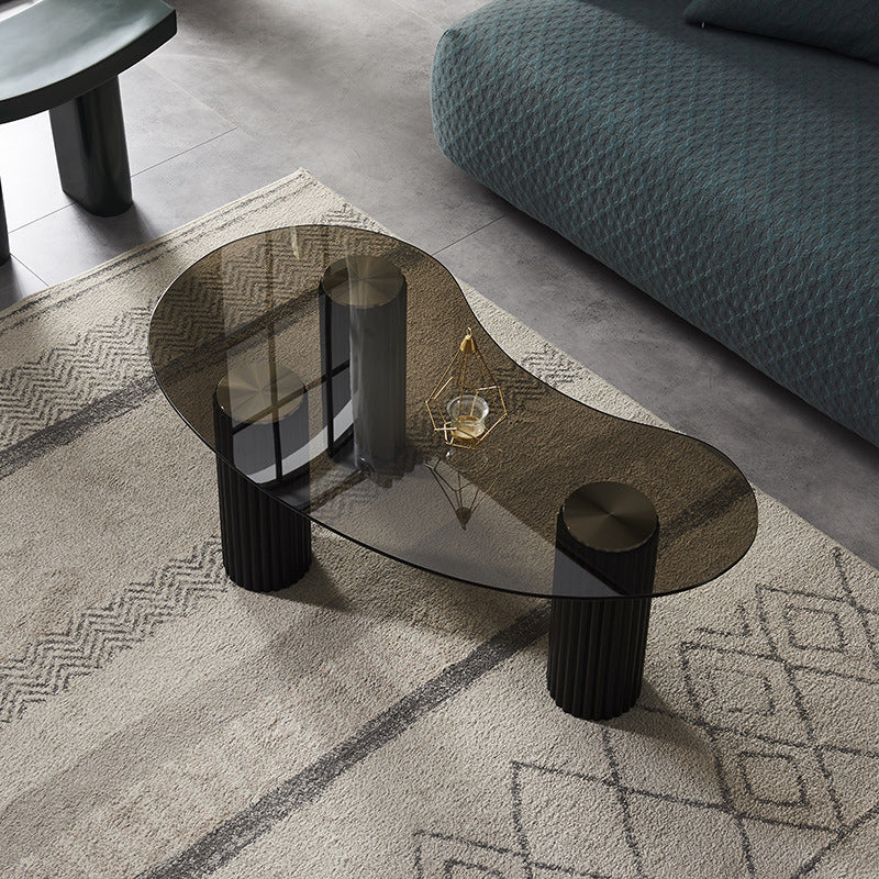 Free Form Glass Top Coffee Table with 3 Steel Legs Single Coffee Table