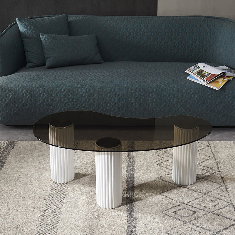 Free Form Glass Top Coffee Table with 3 Steel Legs Single Coffee Table