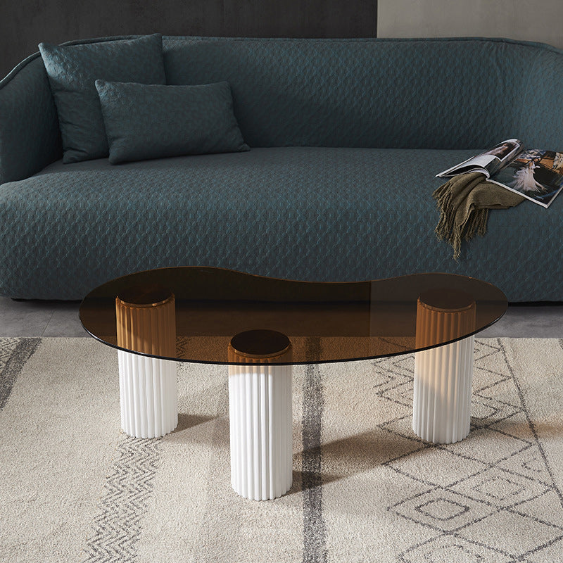 Free Form Glass Top Coffee Table with 3 Steel Legs Single Coffee Table
