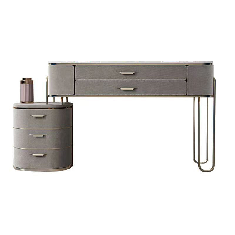 Gray Faux Leather Vanity 5 Drawers Vanity Set with Padded Stool