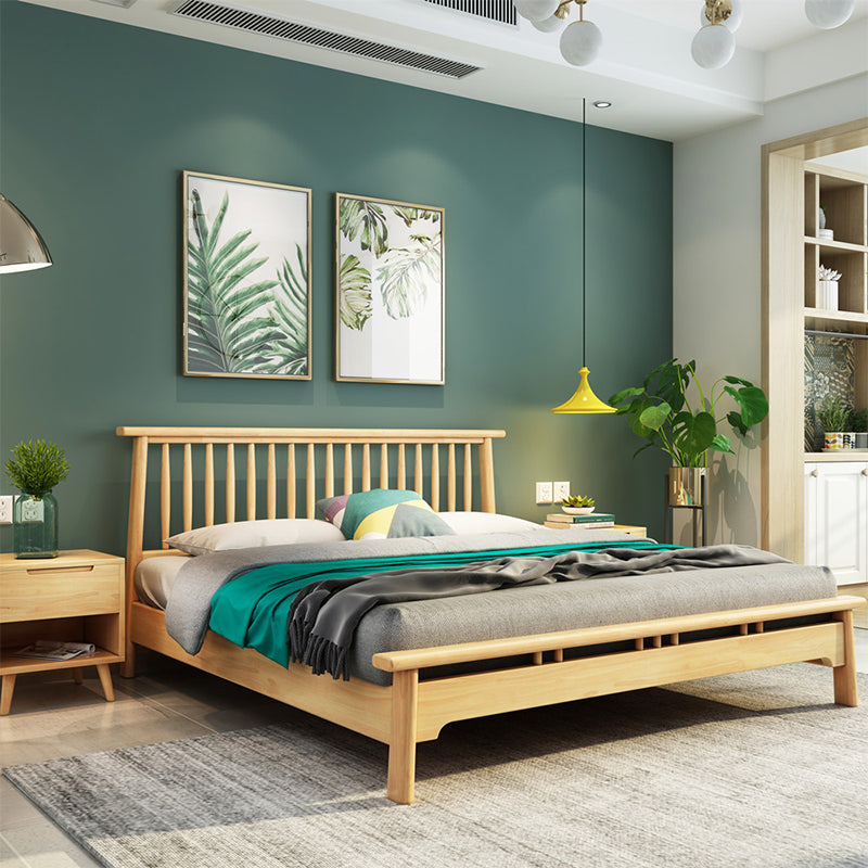 Scandinavian Spindle Headboard Bed with Open-Frame and Wooden Legs