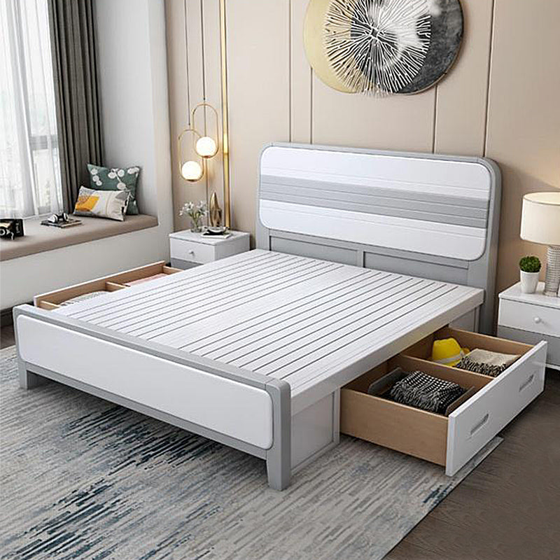 Modern Rubberwood Standard Bed with Rectangle Headboard and Wooden Legs