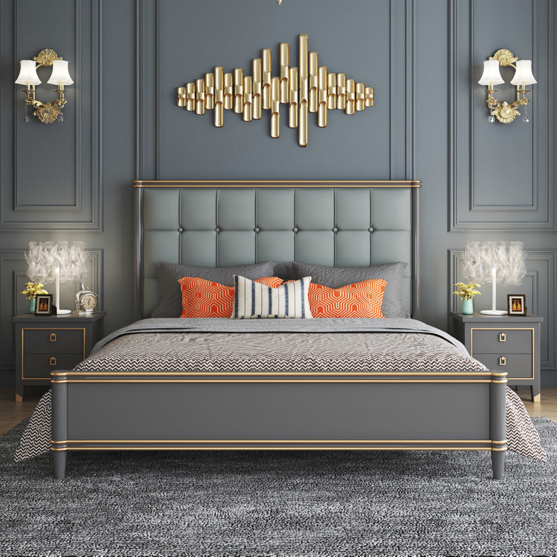 Modern Standard Bed with Tufted Upholstered Headboard and Soild Wood Legs
