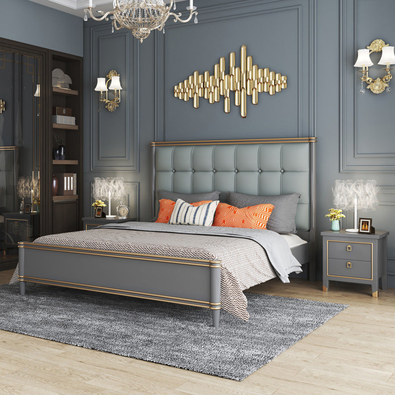 Modern Standard Bed with Tufted Upholstered Headboard and Soild Wood Legs
