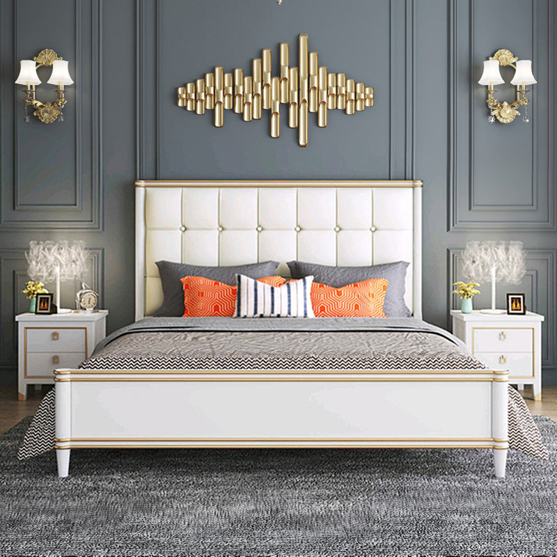 Modern Standard Bed with Tufted Upholstered Headboard and Soild Wood Legs