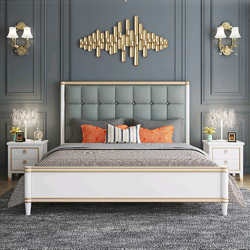 Modern Standard Bed with Tufted Upholstered Headboard and Soild Wood Legs