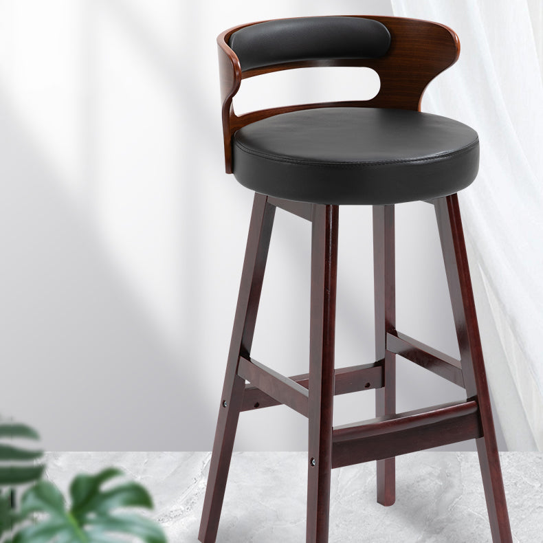 Scandinavian Wood Round Seat Stool Faux Leather Low Back Upholstered Counter Stool