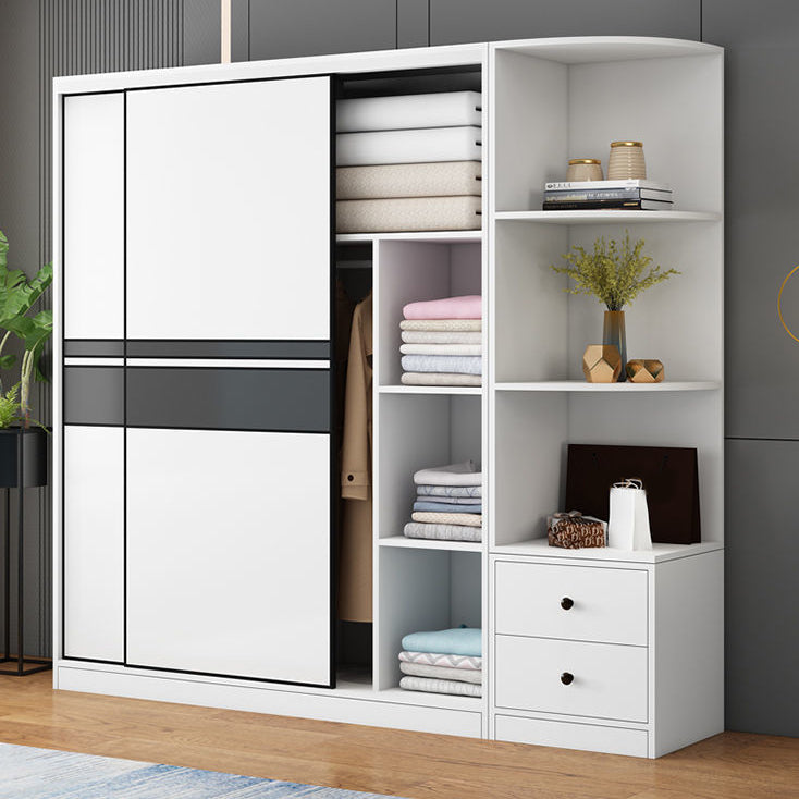 Contemporary Style Wooden Wardrobe White Colour Cloth Rod Included Wardrobe Closet